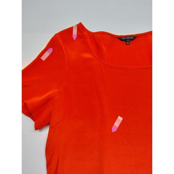 St. John Women's Short Sleeve Round Neck Silk Blouse Side Zip Orange Red Sz L - Picture 12 of 12